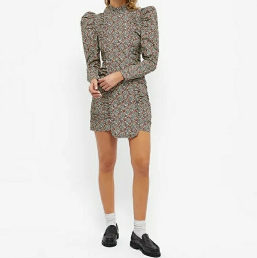 Ganni Puff Sleeve Floral Print Dress Size 6 Cotton NWT